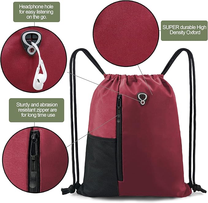 BeeGreen Maroon Drawstring Backpack Gym Bag For Men & Women – Sports Sackpack with Mesh Water Bottle Holder & 2 Zippered Pockets – Large 16x20 Inch Cinch String Backpack