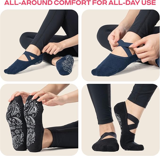 CoolMate Pilates Socks with Grips for Women, Yoga Socks, Crew Non Slip Women for Workout, Barre, Pilates Gifts