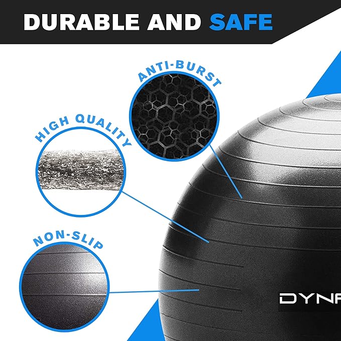 DYNAPRO Exercise Ball Extra Thick Eco-Friendly & Anti-Burst Material Supports over 2200lbs, Stability Ball for Home, Yoga, Gym, Birthing, Physio, Swiss, Physical Therapy or Pregnancy