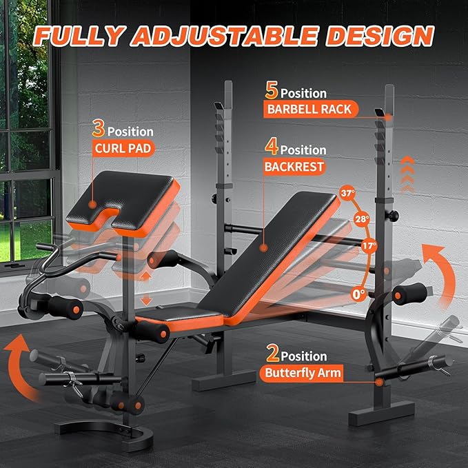 Fostoy Adjustable Weight Bench with Leg Extension, Preacher Curl & Butterfly Arm, 990lbs Heavy Duty Bench Press for Full Body Home Gym Workout