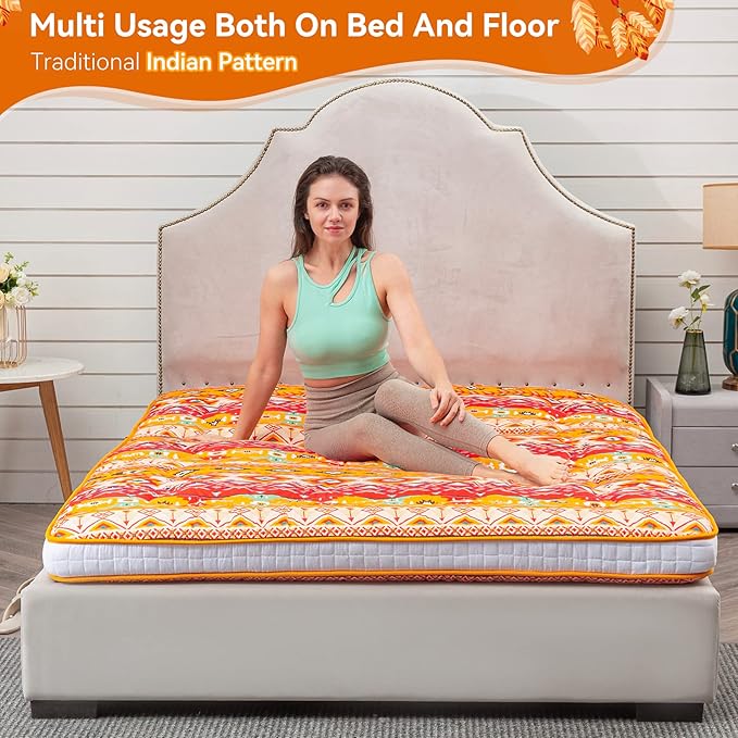 Dr.Futon Japanese Floor Futon Mattress Extra Thick Folding Roll Up Bed Topper Mat for Guest Lounger and Tavel Tradional Pattern