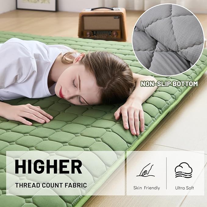 Japanese Floor Mattress Twin, Anti-Slip Japanese Futon Foldable Tatami Mat for Guests, Green