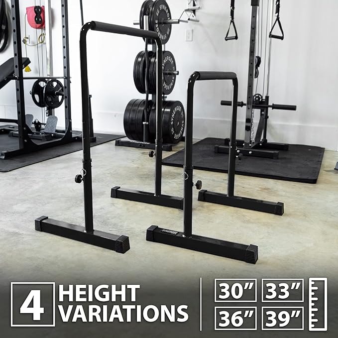 Synergee Dip Bar. Adjustable Dip Station from 30” – 39” for Dips, Inverted Pull Ups. Max capacity 400 lbs. Portable Dip Stand for Total Body Workout. Available in Yellow and Black.