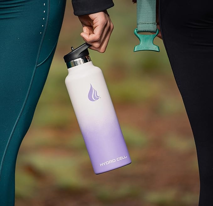 HYDRO CELL Stainless Steel Water Bottle with Straw & 2 Standard Mouth Lids (32oz 24oz 20oz 16oz) Keeps Liquids Hot or Cold w/Double Wall Vacuum Insulated Leak Proof Sport Design (Lavender/White 20oz)