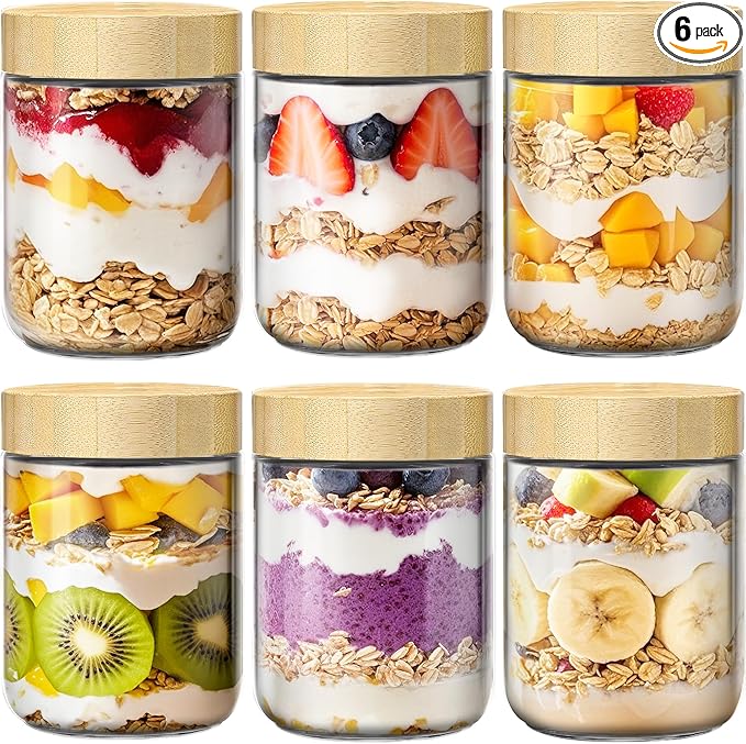 6 Pack 16oz Overnight Oats Containers with Bamboo Lids, Glass Jars with Airtight Lids for Meal Prep, Wide Mouth Mason Salad Jars, Glass Food Storage Container for Yogurt Chia Snacks Spice Sugar
