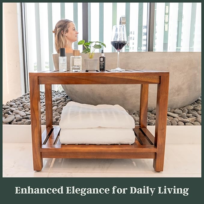 Teak Shower Bench 25 Inch – Fully Assembled Wooden Bench with Shelf, Water-Resistant, Non-Slip Adjustable Feet – Indoor Spa, Garden, or Bathroom Use