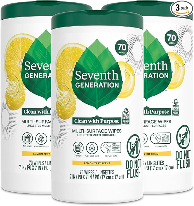 Seventh Generation Multi Surface Wipes, Pack of 3, for all purpose cleaning, lemon zest scent with 100% essential oils and botanical ingredients, 70 ct each