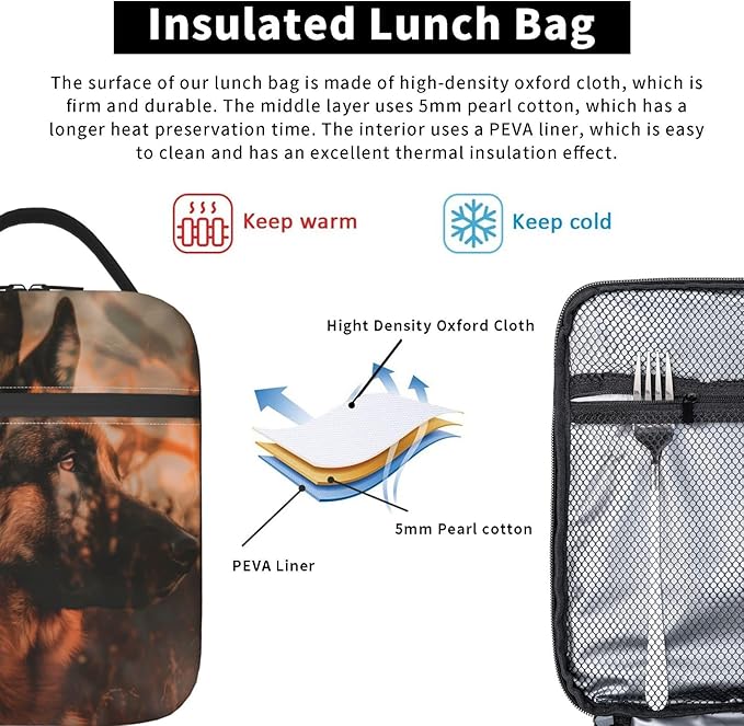 Insulated Lunch Box for Women Men, German Shepherd Lunch Box Reusable Portable Lunch Bag Cooler Tote Waterproof Lunch Container for Office Picnic Work Travel Hiking