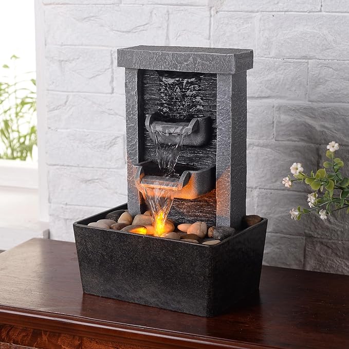 GOSSI Home Décor 10.3 in Indoor Waterfall Fountain Relaxation High Pressure Water Pumps Tabletop Fountain Nature Feeling Water Fountains with Reflective Lighting/River Rocks Home/Office Decoration