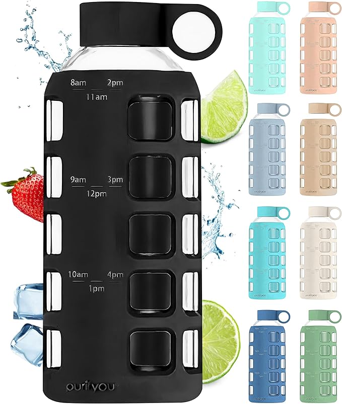 purifyou 40oz / 32oz / 22oz / 12oz Borosilicate Glass Water Bottle with Time & Volume Markers, Silicone Sleeve, Stainless Steel Lid | Reusable Glass Bottle for Water & Juice (22oz Jet Black)