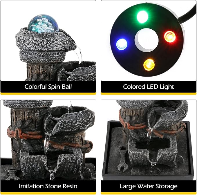 Dyna-Living Tabletop Water Fountain Waterfall Fountain Indoor with Lights Rolling Ball Feng Shui Water Fountains for Home Decor
