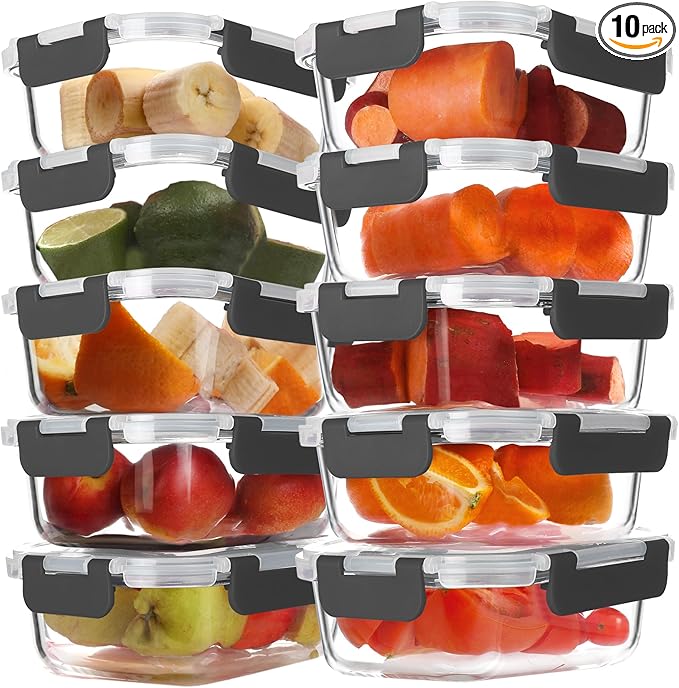 BAYZZ 10 Pack 22 oz Glass Meal Prep Containers, Glass Food Storage Containers with Airtight Lids, BPA-Free, Freezer and Microwave Safe
