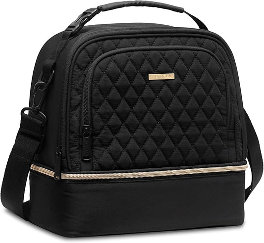 Everfun Womens Lunch Box Two Compartments Insulated Lunch Tote Bag Large Leakproof Soft Cooler for Work Picnic Travel, Black