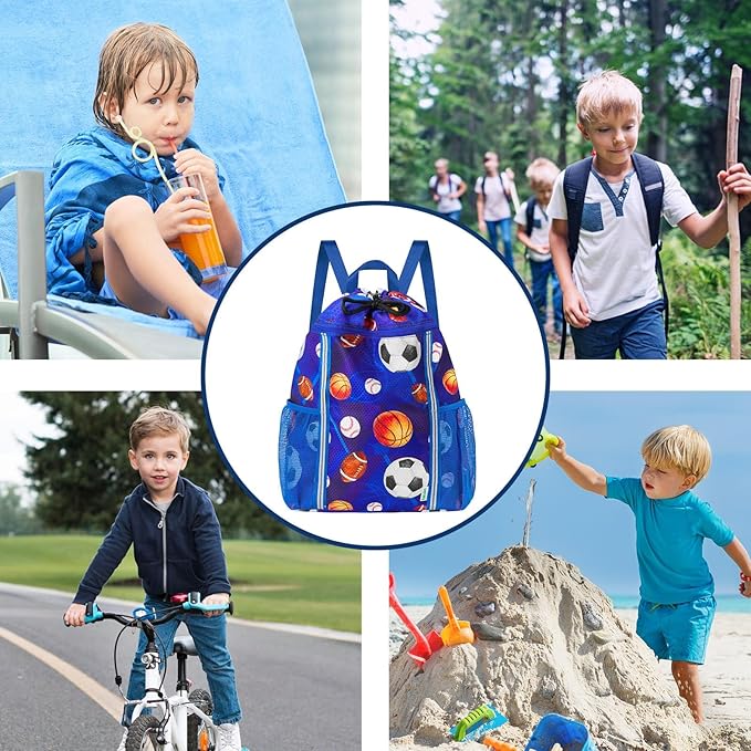 WAWSAM Kids Gym Drawstring Backpack String Bag, Ball Sports Gym Bag for Kids Boys Waterproof Swimming Beach String Cinch Backpack with Two Water Bottle Pocket