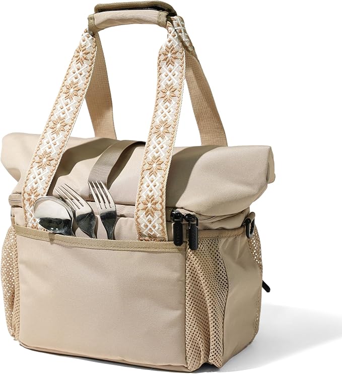 Dual Compartment Insulated Lunch bag, with 2 Leakproof Compartments & Roll-top, 13L lunchbox for work (Oatmeal Beige)