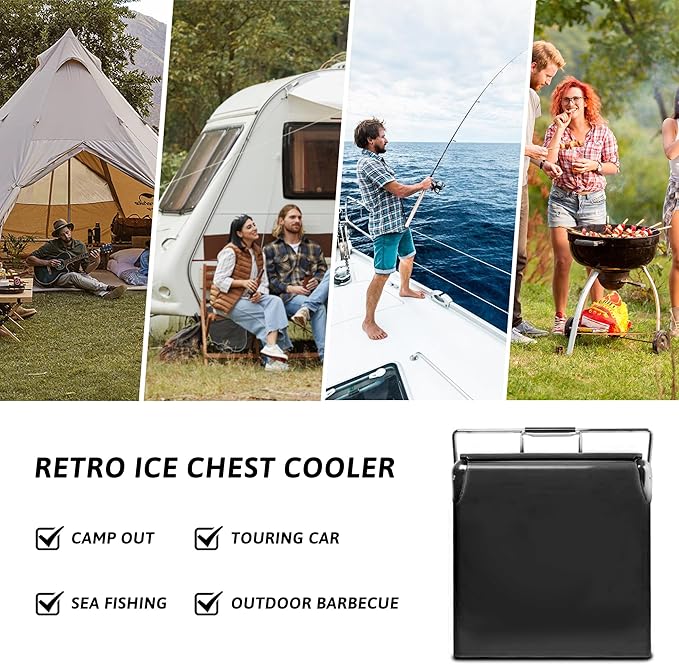 Retro Ice Chest Cooler with Bottle Opener 13L (14Qt), Stainless Steel Vintage Style Ice Bucket for Camping, Party, Beach, Picnic, RV, BBQ, Tailgating, Fishing