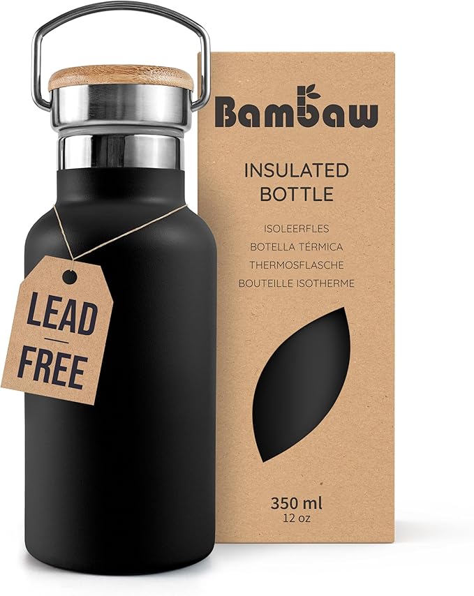 Bambaw Thermo Water Bottle 12 oz, Black Water Bottle, Insulated Water Bottle, Small Metal Water Bottle Stainless Steel, Wide Mouth, Leakproof, Cold & Hot Water Bottle – Jet Black