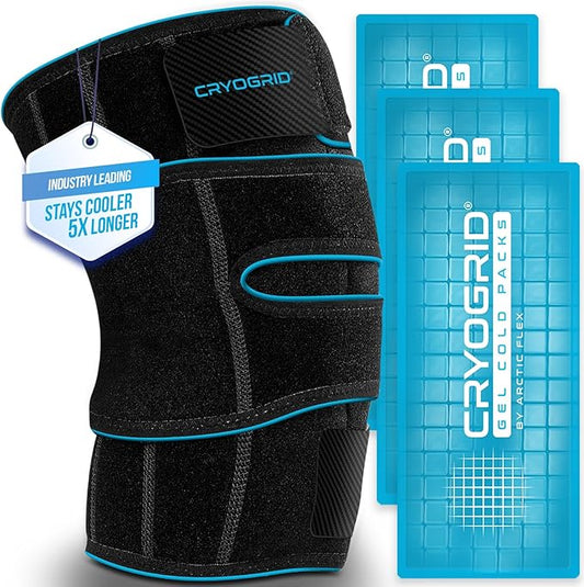 Cryogrid Knee Ice Pack Wrap - Reusable Cold Therapy Knee Ice Brace for Pain Relief, Swelling, Surgery Recovery, Arthritis, Patella & Meniscus Tear - Adjustable Compression Clay/Gel Wrap for Injuries