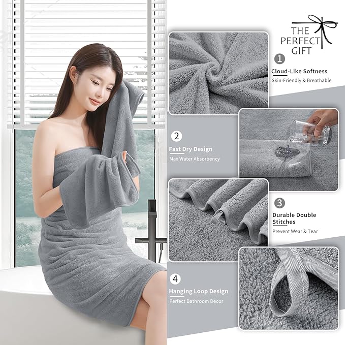 Extra Large Bath Sheet 4 Piece (35"x70")-Ultra Soft Oversized Bath Towel,Bath Sheet Towel Set for Bathroom Hotel,Plush Highly Absorbent Quick Dry Shower Towel Set for Adults,Bathroom Towel Grey