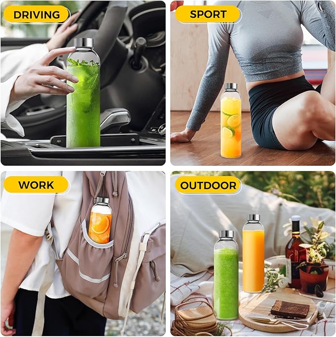 Set of 6 Clear Glass Water Bottles with Lid 18oz for Juicing Reusable Bottle Glass Cup with Stainless Steel for Juicing, for Halloween Refrigerator 100% Leak Proof Drinking Jar, BPA Free