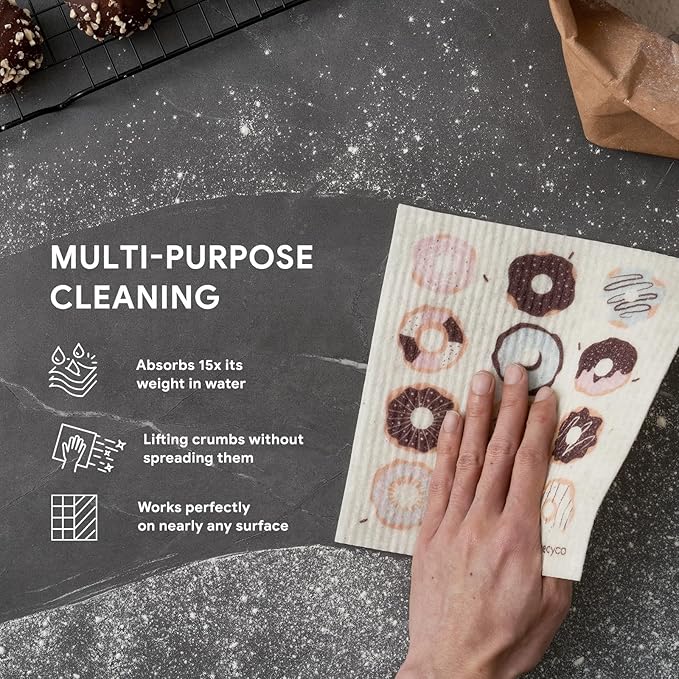 RECYCO Swedish Dishcloths for Kitchen | 6 Pack Sugar Rush Washable Dish Rags | Cellulose Reusable Cleaning Paper Towels | Absorbent Counter Dish Cloth Sponge Kitchen Wipes, 8" L x 7" W