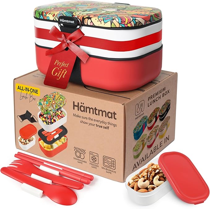 Insulated Stackable Bento Box for Adults with Reusable Chopsticks Japanese Lunch Box Microwavable & Leak Proof Lunch Containers for Men & Women Modern Cute Food Container with Compartments (Red White)