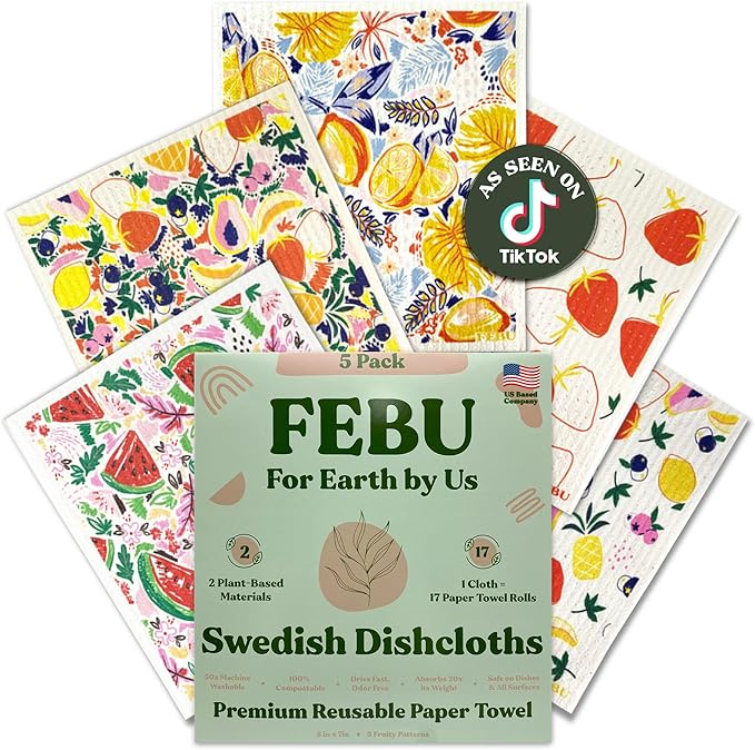 FEBU Swedish Dishcloths for Kitchen | 5 Pack Fruit Pattern Reusable Paper Towels Washable | Swedish Dish Towels | Non-Scratch Cellulose Sponge Cloths | No Odor, Biodegradable Cleaning Cloths