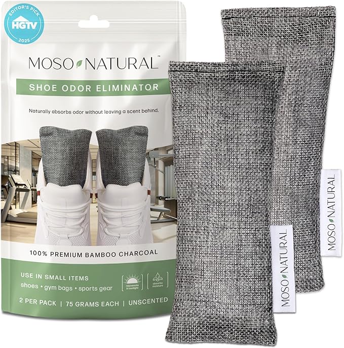 Moso Natural Shoe Deodorizer Inserts, Charcoal Odor Absorber for Shoes, Gym Bag & Boot Deodorizer, Long-Lasting Shoe Odor Elimination, Unscented Air Purifying Bags (Two Per Pack)