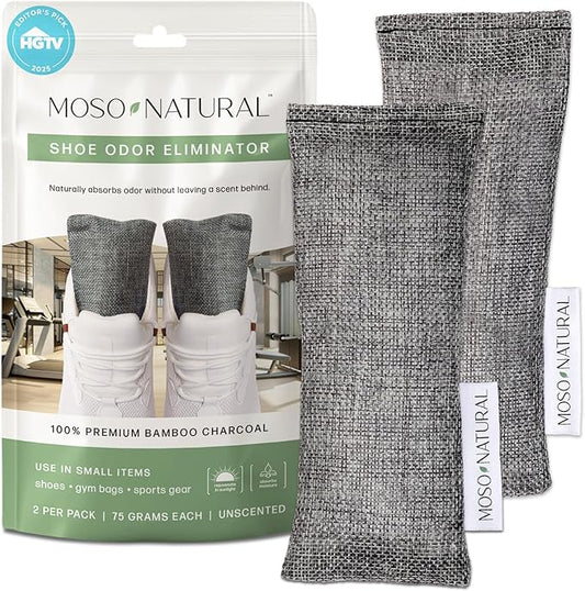 Moso Natural Shoe Deodorizer Inserts, Charcoal Odor Absorber for Shoes, Gym Bag & Boot Deodorizer, Long-Lasting Shoe Odor Elimination, Unscented Air Purifying Bags (Two Per Pack)