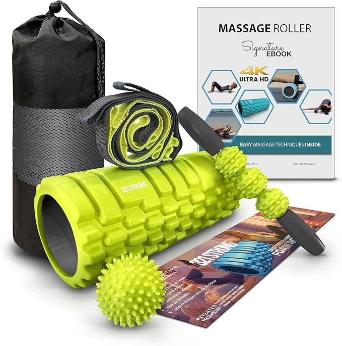 321 STRONG 5 in 1 Foam Roller Set with Hollow Core Deep Tissue Massager, Muscle Roller Stick, Stretching Strap, Spikey Plantar Fasciitis Ball, and Carry Bag, with 4K eBook