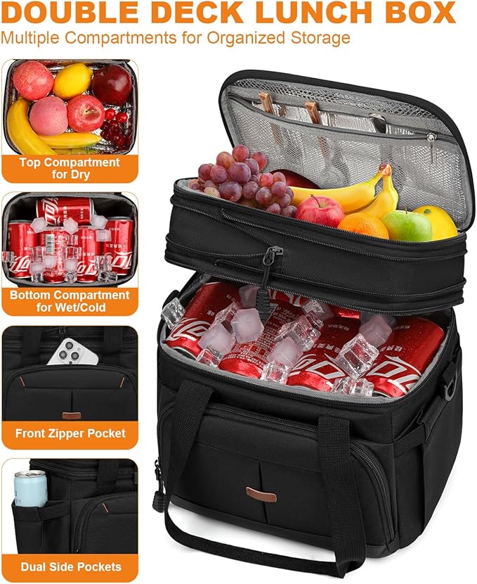 Lunch Box For Men Women Double Deck Insulated Lunch Bag For Men Woman Leakproof Expandable Cooler Bag with Adjustable Shoulder Strap for Work Picnic School(Black,Medium)