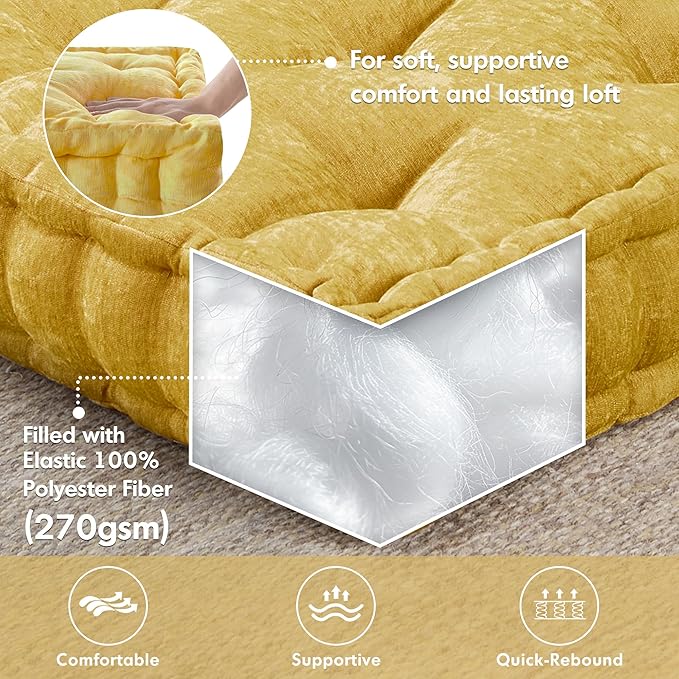 Intelligent Design Azza Floor Pillow, Large Cushions Sitting for Adults, Floor Pillow for Meditation or Yoga, Lustrous Chenille Tufted with Scalloped Edges for Bench/Chair Cushion, 20"x20"x5" Yellow
