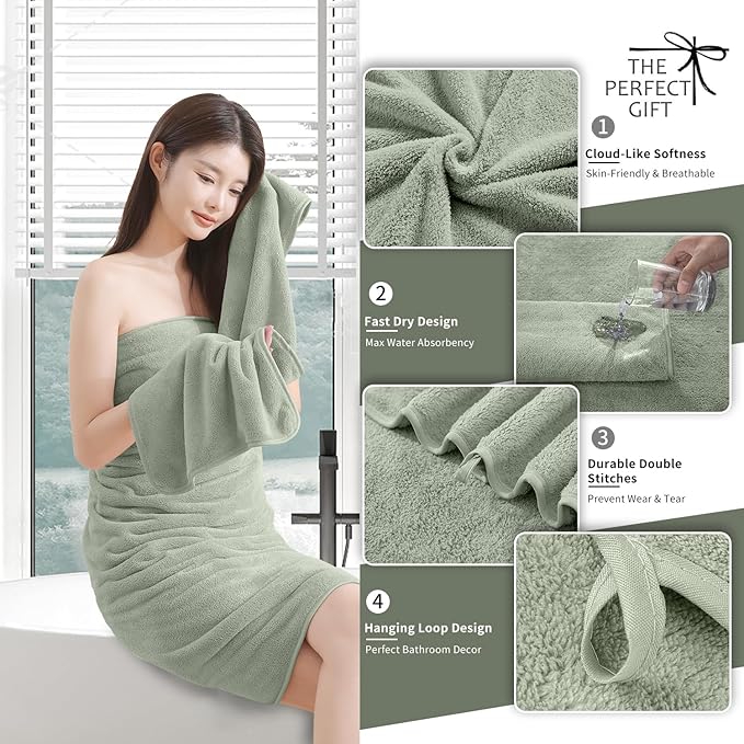Extra Large Bath Sheet 4 Piece (35"x70")-Ultra Soft Oversized Bath Towel,Bath Sheet Set for Bathroom Hotel,Plush Highly Absorbent Quick Dry Shower Towel for Adults,Bathroom Towel Set Green