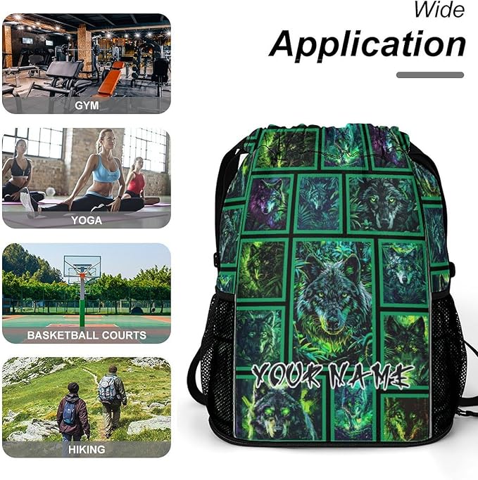 Custom Wolf Drawstring Backpack - Cute Cinch Sack, String Backpacks with Pocket for Women Men Kids Boys Girls for Gym Outdoor Sports Travel Athletic Drawstring Bag - Lightweight/Foldable