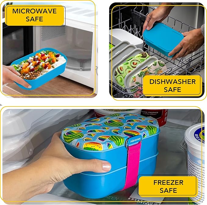 Insulated Stackable Bento Box for Adults with Reusable Chopsticks Japanese Lunch Box Microwavable & Leak Proof Lunch Containers for Men & Women Modern Cute Food Container with Compartments (Blue)