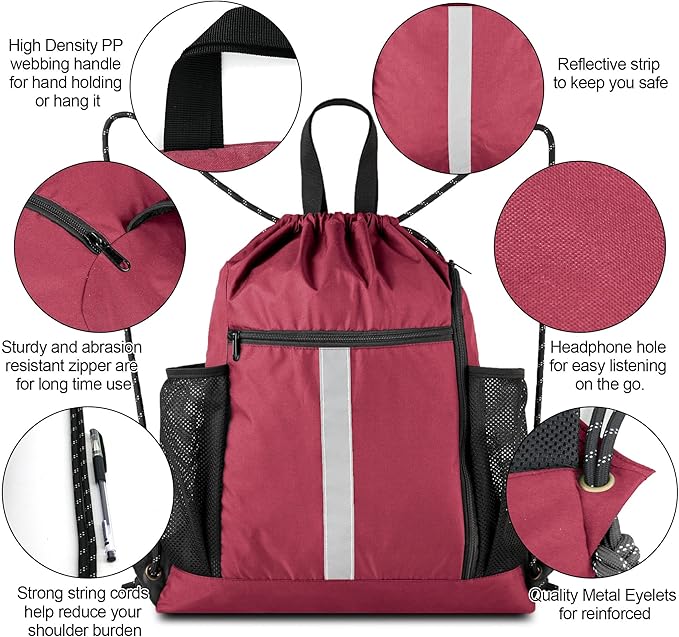 BeeGreen Gym Sack Drawstring Bag Sports String Backpack with Shoe Compartment and Two Water Bottle Holder for Unisex Men Women Heavy Duty Cinch Sackpack