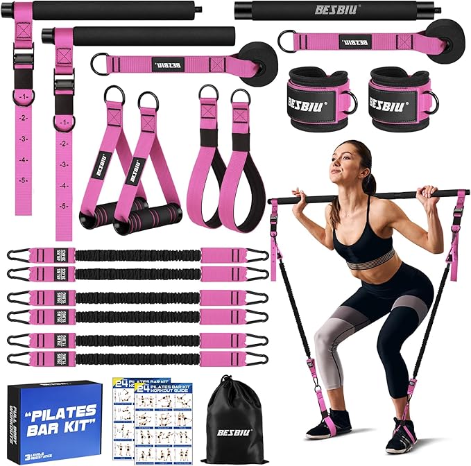 Pilates Bar Kit with Resistance Bands for Working Out, 210lbs Heavy Resistance Bands with Handles, Pilates Equipment with Resistance Band Bar for Men Women, at Home Gym Full Body Workout Equipment