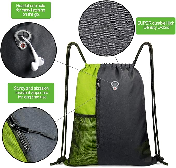 BeeGreen Lime Gym Bag Drawstring Backpack for Women Sports Backpack Workout Bag With 2 Water Bottle Mesh Pockets And Two Zipper Pockets