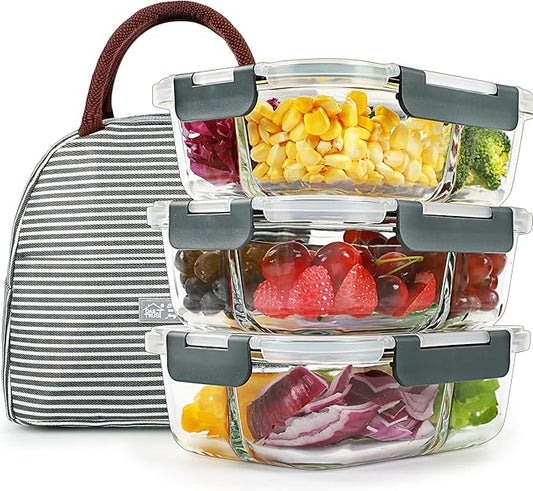 DAS TRUST 3 Pack Bento Box Glass Meal Prep Container 3 Compartment Glass Food Storage Containers with Lids Meal Prep Bowls Lunch Box for Oven