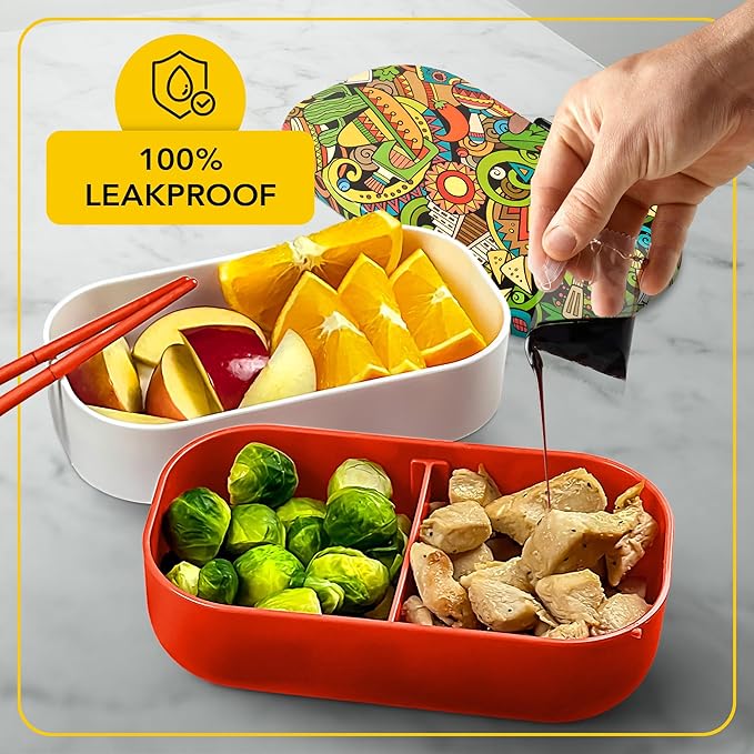 Insulated Stackable Bento Box for Adults with Reusable Chopsticks Japanese Lunch Box Microwavable & Leak Proof Lunch Containers for Men & Women Modern Cute Food Container with Compartments (Red White)
