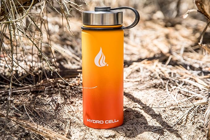 HYDRO CELL Stainless Steel Insulated Water Bottle with Straw - For Cold & Hot Drinks - Metal Vacuum Flask with Screw Cap and Modern Leakproof Sport Thermos for Adults (Red/Orange 18oz)