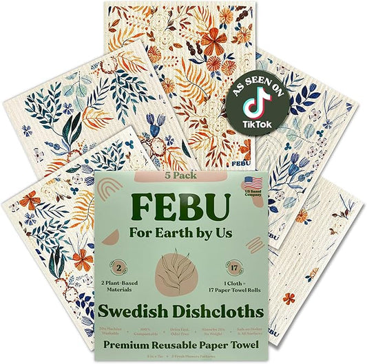 FEBU Swedish Dishcloths for Kitchen | 5 Pack Fresh Flowers Reusable Paper Towels Washable | Swedish Dish Towels | Non-Scratch Cellulose Sponge Cloths | No Odor, Biodegradable Cleaning Cloths