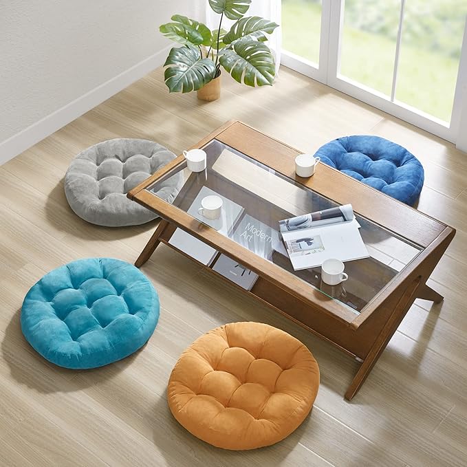 Floor Cushion Pillow Set of 2, Round Large Pillows Seating for Adults, Tufted Corduroy Cushions for Living Room Tatami, Navy Blue, 22 Inch