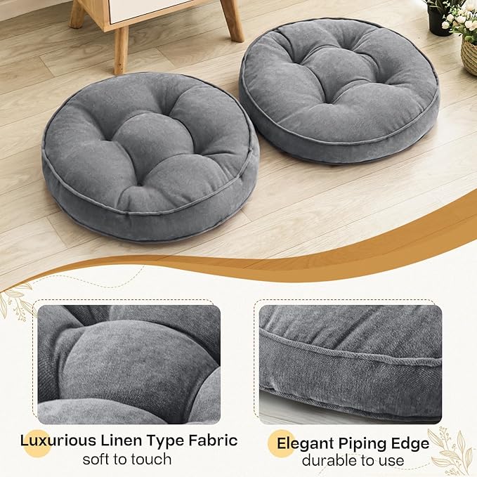 Floor Pillow Set of 2, Memory Foam Floor Cushions for Adults, Large Round Meditation Pillow for Sitting, 22 x 22 Inches (Round | Grey)