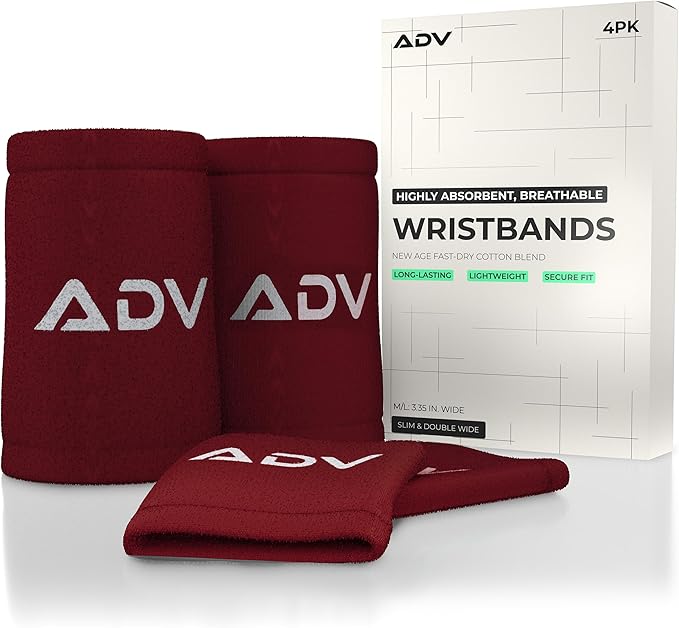 ADV Tennis Wristbands with New Age Polyester Cotton Blend - Ultra Absorbent Wrist Sweatbands - Doublewide & Slim Wrist Bands for Sweat - 4 Pack or 2 Pack