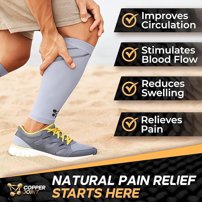 CopperJoint Running Calf Compression Sleeve Women – Easy-On Footless Calf Compression Sleeves for Men, Support Mens Leg Sleeves for Runners, Basketball, Sports, Copper Infused Nylon - Grey, X-Large