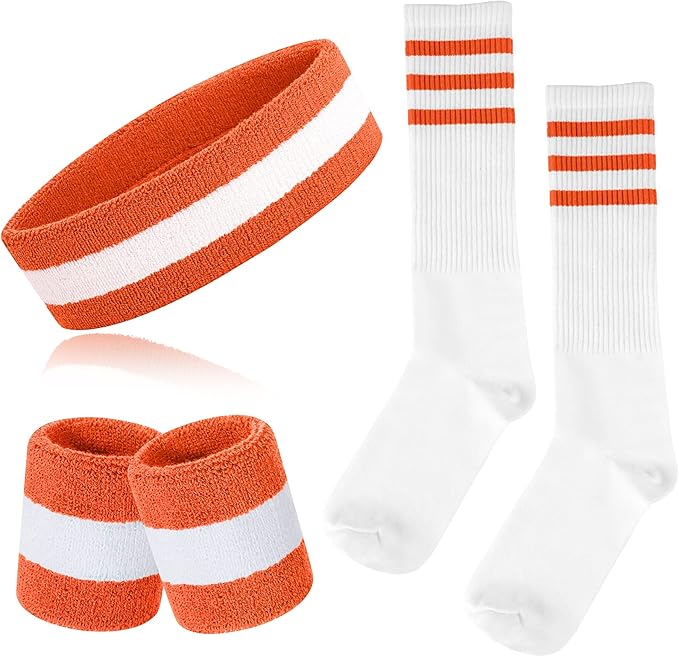 ONUPGO 5 Pieces Sweatbands Striped Socks Set Sports Headband Wristbands High Tube Socks 80s Accessories Costumes