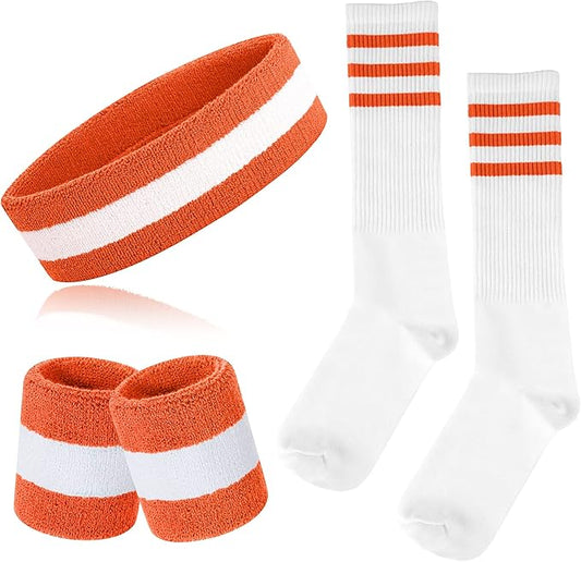 ONUPGO 5 Pieces Sweatbands Striped Socks Set Sports Headband Wristbands High Tube Socks 80s Accessories Costumes