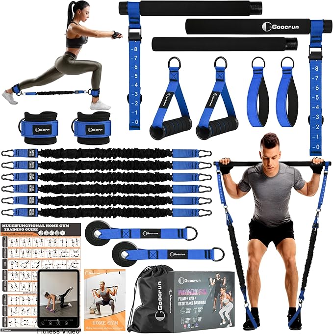 Portable Pilates Bar Kit with Resistance Bands for Men and Women - 3 Set Exercise Resistance Bands - Multifunctional Home Gym - Supports Full-Body Workouts – with Fitness Poster and Video