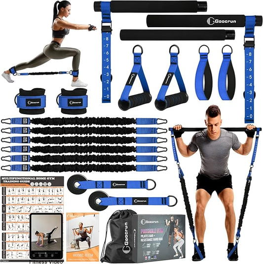 Portable Pilates Bar Kit with Resistance Bands for Men and Women - 3 Set Exercise Resistance Bands - Multifunctional Home Gym - Supports Full-Body Workouts – with Fitness Poster and Video